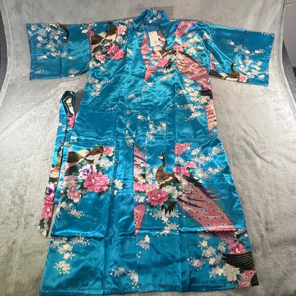 Zhong Sang Kimono Women's Large Long Blue Peacock & Floral Print Twisting Satin - Picture 3 of 11